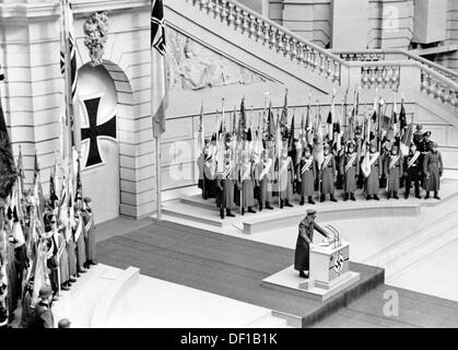 The image from the Nazi Propaganda! shows Adolf Hitler in the yard of the Zeughaus in Berlin, Germany, during the ceremony on the occasion of the Heldengedenktag (Day of Commemoration of Heroes) on 15 March 1942. Fotoarchiv für Zeitgeschichte Stock Photo