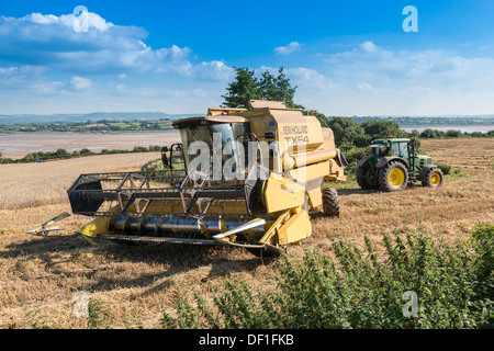 COMBINE HARVESTER AND TRACTOR IN WHEAT FIELD NR RIVER SEVERN GLOUCESTERSHIRE ENGLAND UK Stock Photo