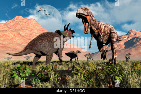 A Prehistoric Battle Between A T.Rex & A Triceratops. Stock Photo