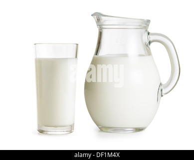 Milk jug and glass on white background Stock Photo