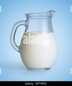 Milk glass jug on blue background Stock Photo