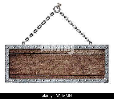 medieval signboard or shield hanging on chain isolated on white Stock Photo