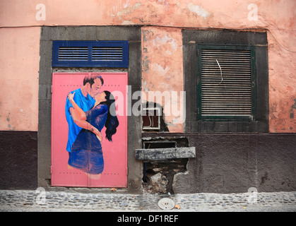 Madeira, Funchal, painted doors in the old city, The art of open doors in the street of Santa Maria Stock Photo