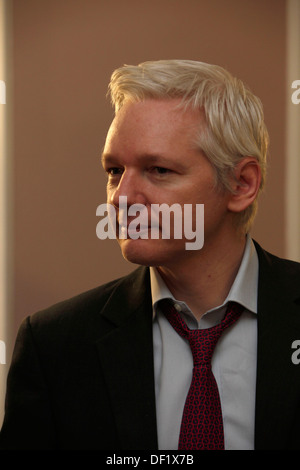 Wikileaks founder Julian Assange is seen at the Ecuador Embassy where he has sought political asylum during a meeting with Frenc Stock Photo