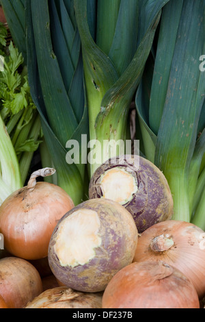Leeks swede and onions display Stock Photo