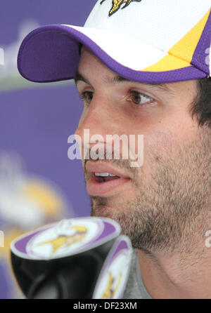 Watford, Hertfordshire, UK. 25th Sep, 2013. Quarterback Christian Ponder of the Minnesota Vikings - here for Sunday's NFL International Series Game 7 vs Pittsburgh Steelers at Wembley Stadium - at a Press Conference at the Grove Hotel, Watford, Hertfordshire, England - September 25th 2013 Photo by Keith Mayhew © KEITH MAYHEW/Alamy Live News Stock Photo