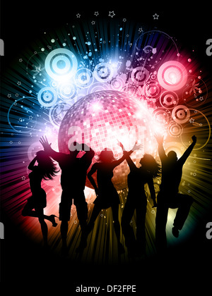 Silhouettes of people dancing on an abstract grunge background with mirror ball Stock Photo