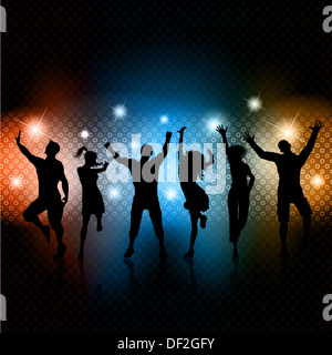 Silhouettes of people dancing on a glowing lights background Stock Photo