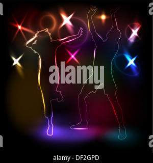 Glowing neon outlines of people dancing on lights background Stock Photo