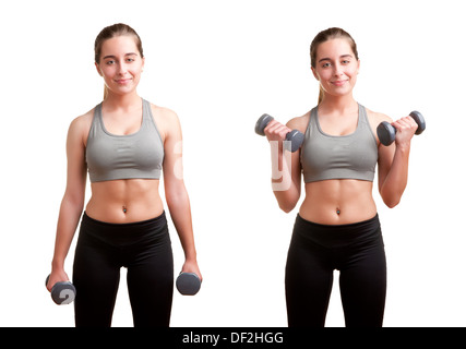 Personal Trainer doing standing dumbbell curls for training his biceps, isolated in white Stock Photo