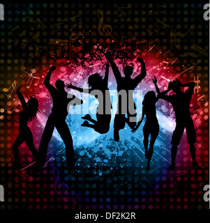 Silhouettes of people dancing on a grunge music notes background Stock Photo