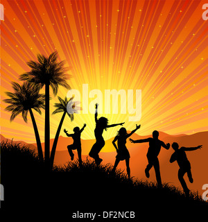 Silhouettes of people dancing on a tropical background Stock Photo