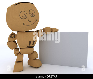 3D render of a Cardboard Box figure with blank white sign Stock Photo