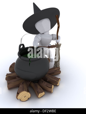 3D render of a witch with cauldron of eyeballs on log fire Stock Photo