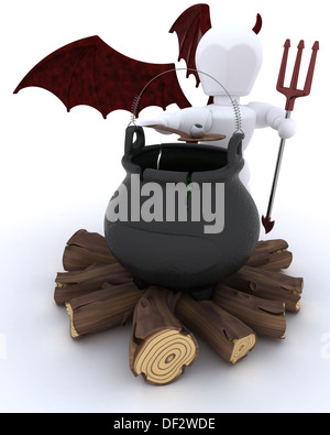 3D render of deamon with cauldron of eyeballs on log fire Stock Photo