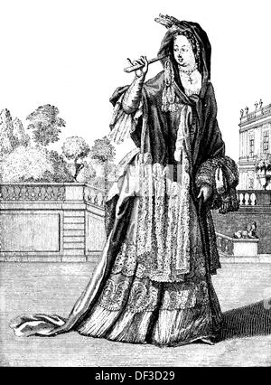 Posh woman with a dress with a trail and a fontagne, fashion engraving, 16th Century Stock Photo