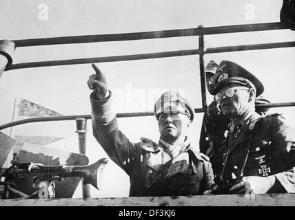 Field Marshal Erwin Rommel (l) talks to General Georg von Bismarck during the occupation of Tobruk in June 1942. The Nazi Propganda! on the back of the image is dated 26 June 1942: 'North Africa. Field Marshal Rommel plans new operations with General von Bismarck.' Fotoarchiv für Zeitgeschichte Stock Photo