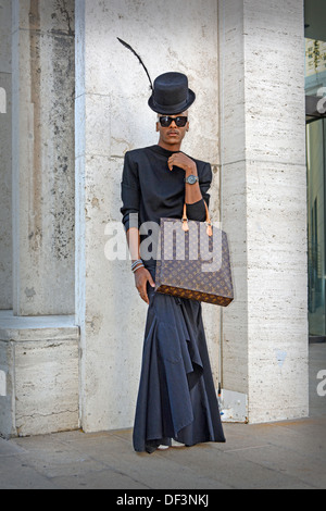 Portrait of fashion stylist designer wearing an unusual black outfit at Fashion Week at Lincoln Center in New York City Stock Photo