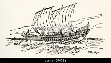A Greek Bireme, ancient oared warship, or galley, with two decks of oars. From The Romance of the Merchant Ship, published 1931. Stock Photo