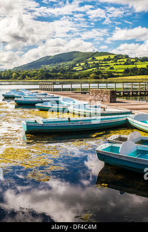 Rowing boats moored at Llangors Lake in the Brecon Beacons National Park, Wales. Stock Photo