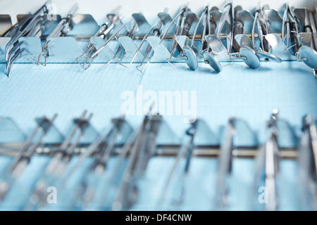 Many dental instruments and tools at the dentist office Stock Photo