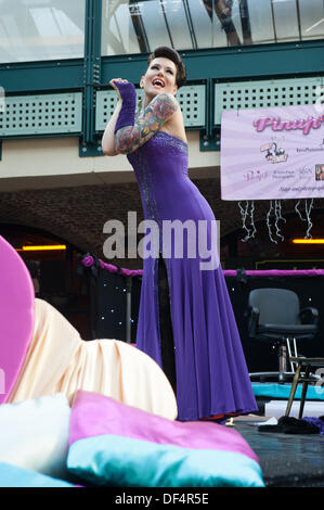 International burlesque performer Beatrix Von Bourbon entertains on the pin-up stage at the London Tattoo Convention 2013 Stock Photo