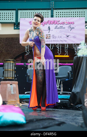 International burlesque performer Beatrix Von Bourbon entertains on the pin-up stage at the London Tattoo Convention 2013 Stock Photo