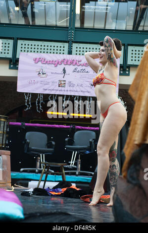 International burlesque performer Beatrix Von Bourbon entertains on the pin-up stage at the London Tattoo Convention 2013 Stock Photo