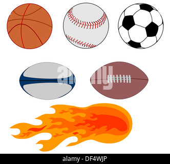 Illustration of various sports balls including a basketball, baseball, soccer ball, rugby ball, football, and ball of flame. Stock Photo