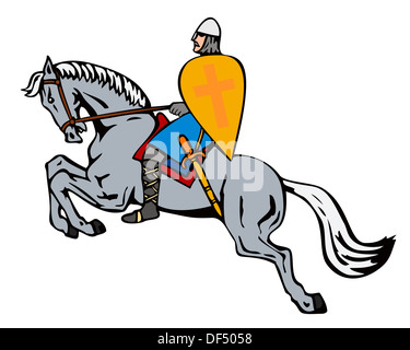 Illustration of crusader knight with armor and shield riding on horse horseback isolated on white background done in retro style. Stock Photo