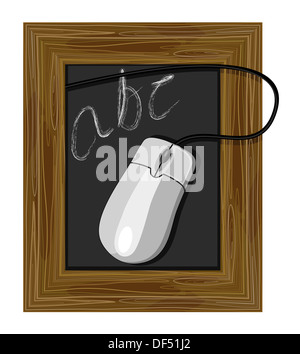 Illustration of a framed chalkboard with abc written and a computer mouse isolated on a white background. Stock Photo