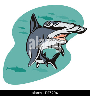 Illustration of hammerhead shark swimming set on isolated white background done in retro style. Stock Photo