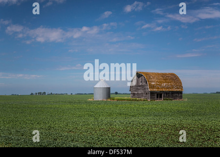 An old barn and a farm grain bin on a prairie field near Langdon, North Dakota, USA. Stock Photo