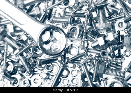 Spanner on nuts and bolts Stock Photo
