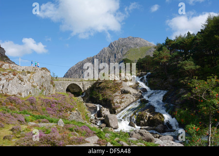 Ogwen Falls and Pont Pen y Benglog at the head of the Nant Ffrancon Pass in Gwynedd. Stock Photo