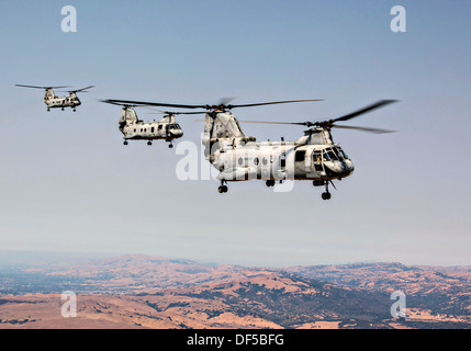 Two U.S. Marine Corps CH-46E Sea Knight helicopters in flight