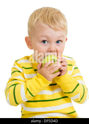 Kid boy eating green apple, isolated on white Stock Photo