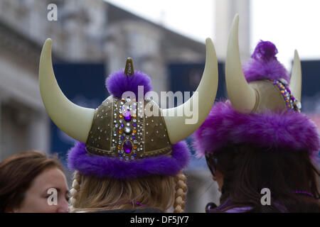 London, UK. 28th Sep, 2013. Minnesota fans with viking helmets as Regent street was closed for an American style block party ahead of the NFL game between the Minnesota Vikings and Pittsburgh Steelers which will be played at Wembley stadium on sunday september 29. Credit:  amer ghazzal/Alamy Live News Stock Photo
