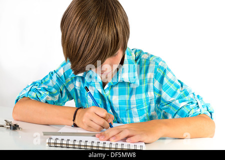 school boy with pencil and ruler, isolated on white. Stock Photo