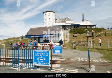 Great Orme Tramway with summit buildings Llandudno Conwy Wales UK Stock Photo