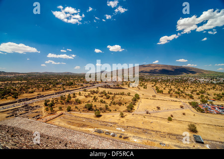 Wide view of ancient city of Teotihuacan near Mexico City with the Pyramid of the Moon Stock Photo