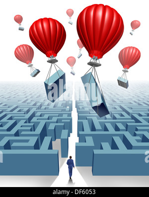 Removing the obstacle business concept of freedom and thinking outside the box as a metaphor for management leadership and innovative solutions with a group of red air balloons lifting parts of a maze or labyrinth to overcome adversity and open a path for Stock Photo