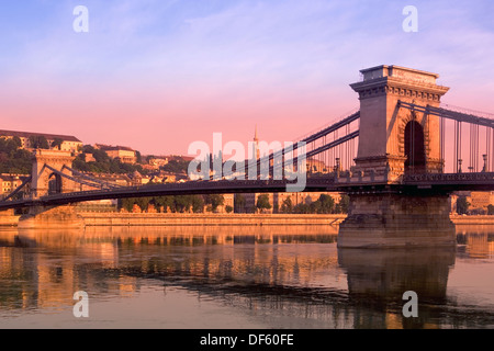 Hungary, Budapest, Chain Bridge over River Danube and view towards St Matthias Church Stock Photo