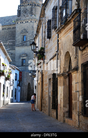 Typical old town street leading Santa Cruz Church, Baeza, Jaen Province, Andalusia, Spain, Western Europe. Stock Photo