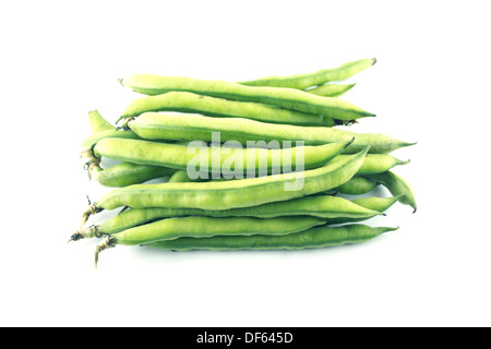 broad bean pods and beans on white background . Stock Photo