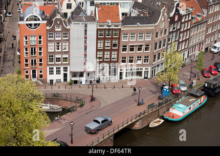 City of Amsterdam, historic row houses from above, corner of Bloemgracht and Prinsengracht streets, Holland, Netherlands. Stock Photo