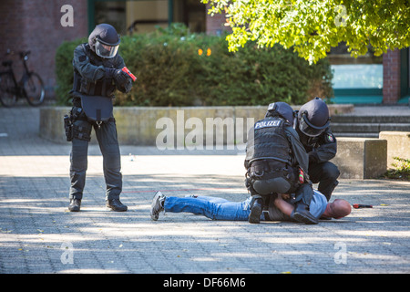 Police SWAT team exercise, rescuing of hostages. Special police forces. Hostage rescue team. Stock Photo