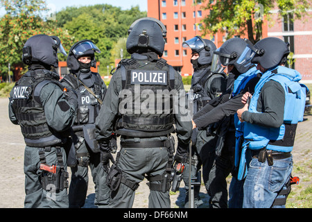 Police SWAT team exercise, rescuing of hostages. Special police forces. Hostage rescue team. Stock Photo