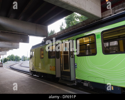 Aigle Leysin railway in the Vaud canton of Switzerland  Feydey station with waiting train Stock Photo