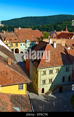 View of Sighisoara Saxon fortified medieval citadel from the clock tower, Transylvania, Romania Stock Photo
